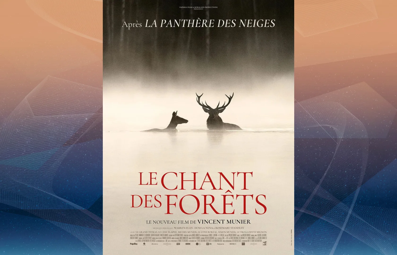 Affiche du film Le Chant des forêts : un cerf et une biche dans l’eau